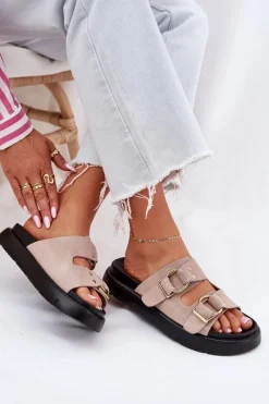 Hot Big Star Shoes Zamszowe Klapki Damskie Z Ozdobnymi Klamrami Big Star RR274659 Jasnoróżowe Różowy