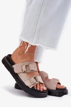 Hot Big Star Shoes Zamszowe Klapki Damskie Z Ozdobnymi Klamrami Big Star RR274659 Jasnoróżowe Różowy