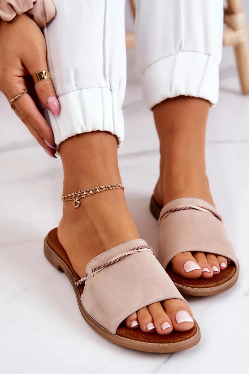 Best Zamszowe Klapki Lewski Shoes 3047 Beżowe Damskie Klapki Damskie Klasyczne