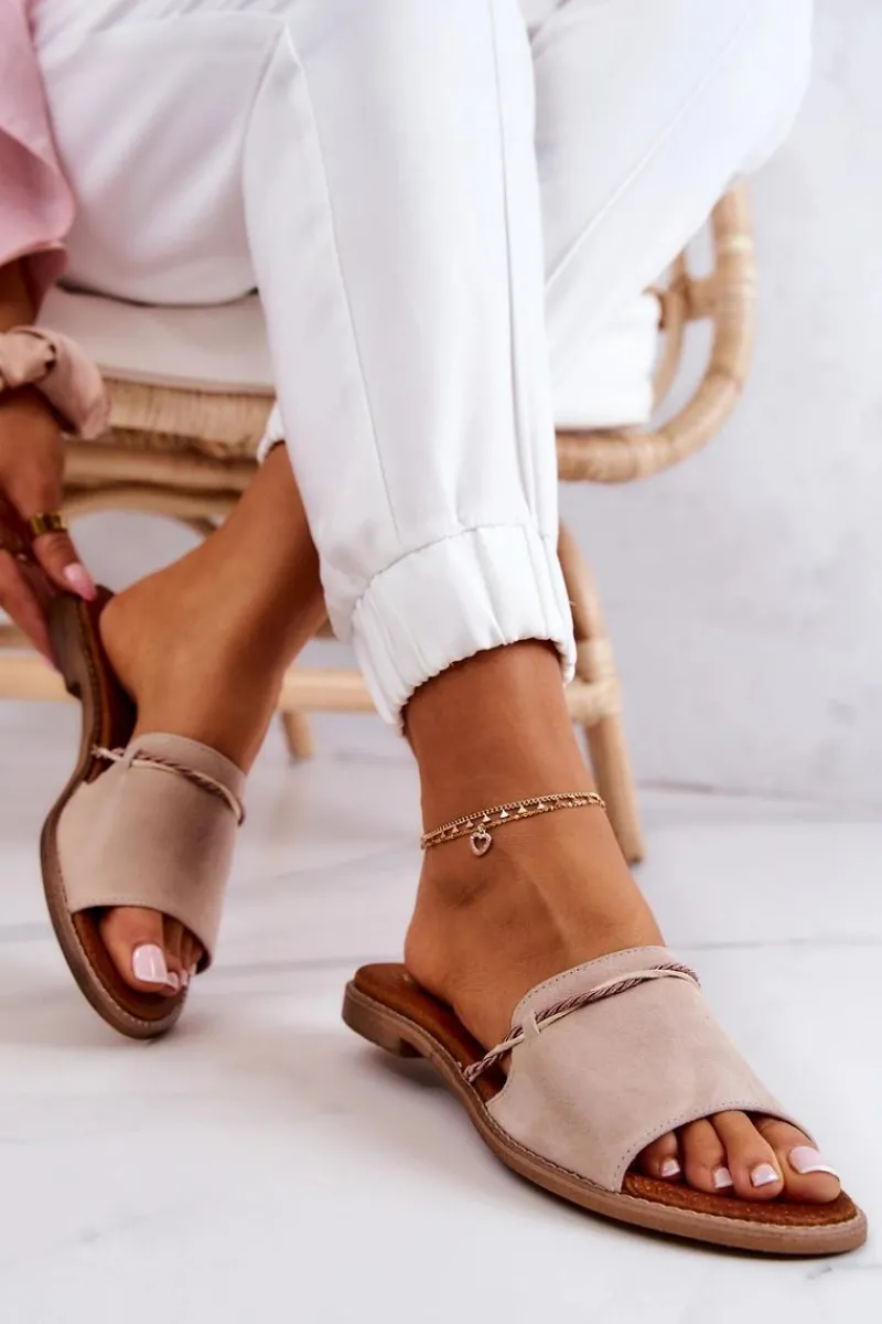 Best Zamszowe Klapki Lewski Shoes 3047 Beżowe Damskie Klapki Damskie Klasyczne