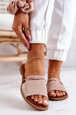 Best Zamszowe Klapki Lewski Shoes 3047 Beżowe Damskie Klapki Damskie Klasyczne