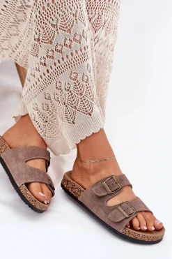 Online Boto Zamszowe Klapki Na Korkowej Podeszwie Z Klamrami Ciemnobeżowe Tavira