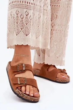 New Zamszowe Klapki Na Korkowej Podeszwie Z Klamrami Camel Tavira Damskie Klapki Korkowe|Klapki Na Platformie