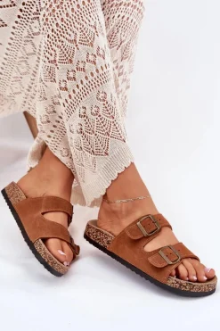 New Zamszowe Klapki Na Korkowej Podeszwie Z Klamrami Camel Tavira Damskie Klapki Korkowe|Klapki Na Platformie