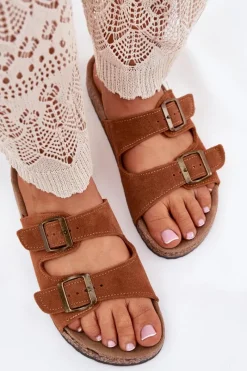 New Zamszowe Klapki Na Korkowej Podeszwie Z Klamrami Camel Tavira Damskie Klapki Korkowe|Klapki Na Platformie