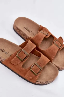 New Zamszowe Klapki Na Korkowej Podeszwie Z Klamrami Camel Tavira Damskie Klapki Korkowe|Klapki Na Platformie