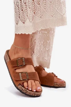 New Zamszowe Klapki Na Korkowej Podeszwie Z Klamrami Camel Tavira Damskie Klapki Korkowe|Klapki Na Platformie