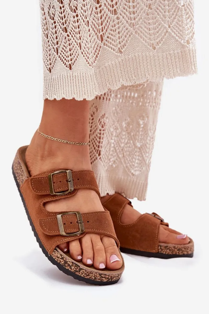 New Zamszowe Klapki Na Korkowej Podeszwie Z Klamrami Camel Tavira Damskie Klapki Korkowe|Klapki Na Platformie