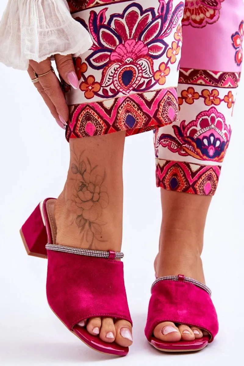 Outlet Zamszowe Klapki Na Obcasie S.Barski KV-612-2 Fuksja Damskie Klapki Na Obcasie|Klapki Damskie Klasyczne