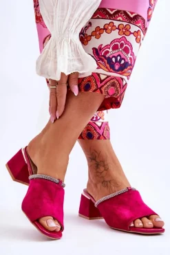 Outlet Zamszowe Klapki Na Obcasie S.Barski KV-612-2 Fuksja Damskie Klapki Na Obcasie|Klapki Damskie Klasyczne