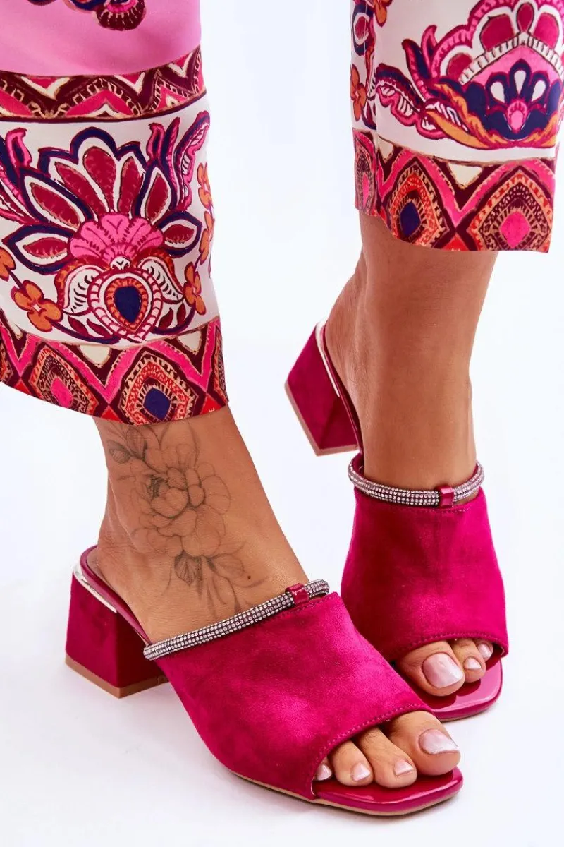 Outlet Zamszowe Klapki Na Obcasie S.Barski KV-612-2 Fuksja Damskie Klapki Na Obcasie|Klapki Damskie Klasyczne