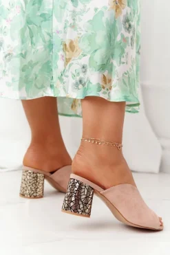 Online Zamszowe Klapki Na Obcasie S.Barski C420-15 Beżowe Damskie Klapki Na Obcasie|Klapki Damskie Klasyczne