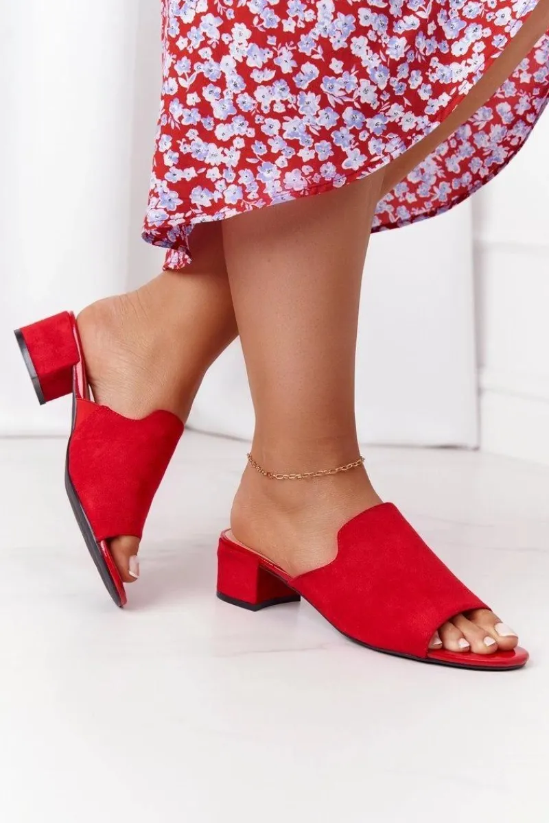 Zamszowe Klapki Na Obcasie Sergio Leone KL313 Czerwone Damskie Klapki Na Obcasie|Klapki Damskie Klasyczne