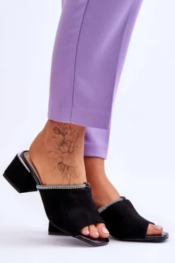 Online Zamszowe Klapki Na Obcasie S.Barski KV-612-2 Czarne Damskie Klapki Na Obcasie|Klapki Damskie Klasyczne