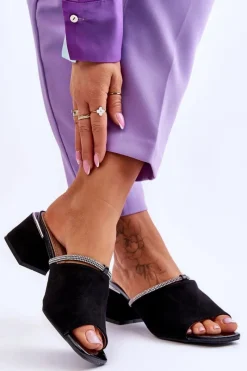 Online Zamszowe Klapki Na Obcasie S.Barski KV-612-2 Czarne Damskie Klapki Na Obcasie|Klapki Damskie Klasyczne