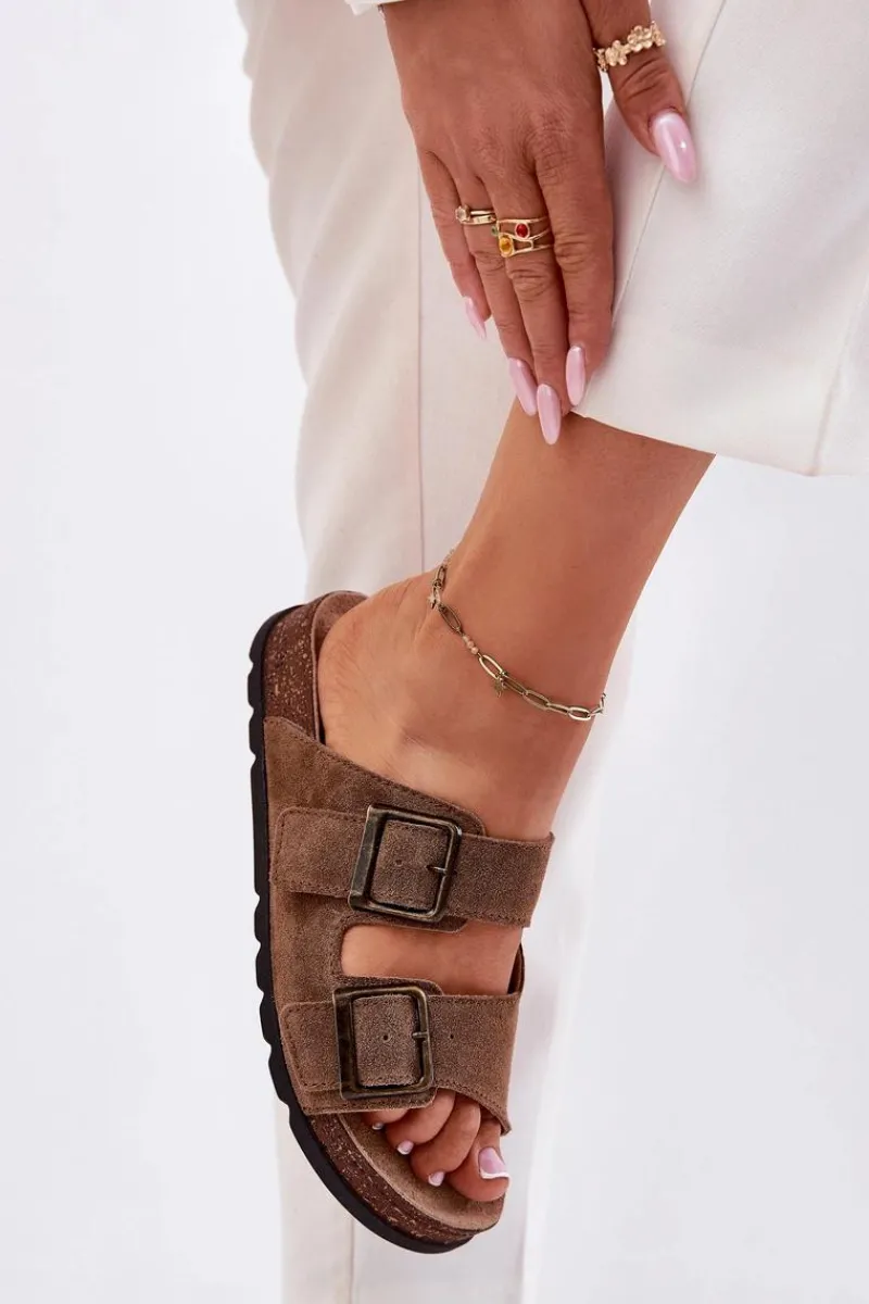 Klapki Damskie Klasyczne>Panto Fino Zamszowe Klapki Z Klamrami Damskie RR267024 Brązowe