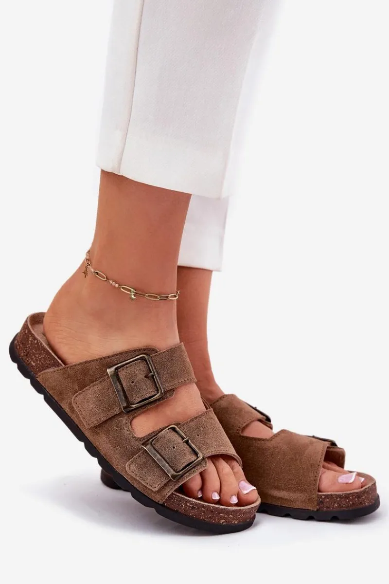 Klapki Damskie Klasyczne>Panto Fino Zamszowe Klapki Z Klamrami Damskie RR267024 Brązowe