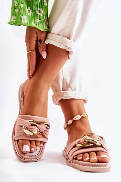 Best Boto Zamszowe Klapki Z Ozdobnym Łańcuchem Różowe Louie