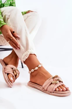 Best Boto Zamszowe Klapki Z Ozdobnym Łańcuchem Różowe Louie