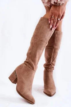 Kozaki Przed Kolano|Kozaki Na Obcasie></noscript>Boto Zamszowe Klasyczne Kozaki Na Suwak Beżowe Leyette