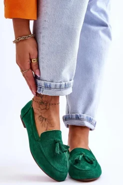 Best Zamszowe Klasyczne Mokasyny Z Frędzlami Zielone Averil Damskie Mokasyny Damskie Zamszowe