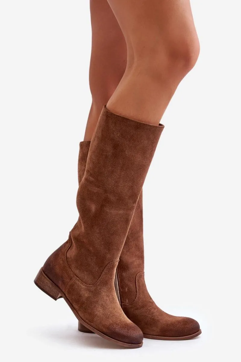 Kozaki Płaskie|Kozaki Przed Kolano>Zazoo Zamszowe Kozaki Damskie Do Połowy Łydki Na Zamek Lewski 3616 Brązowe Brązowy