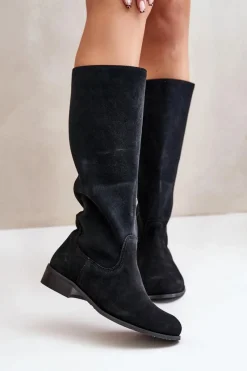 Outlet Zazoo Zamszowe Kozaki Damskie Do Połowy Łydki Na Zamek Lewski 3616 Czarne Czarny