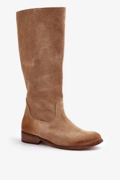 Discount Zazoo Zamszowe Kozaki Damskie Do Połowy Łydki Na Zamek Lewski 3616 Beżowe Beżowy