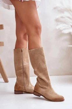 Discount Zazoo Zamszowe Kozaki Damskie Do Połowy Łydki Na Zamek Lewski 3616 Beżowe Beżowy