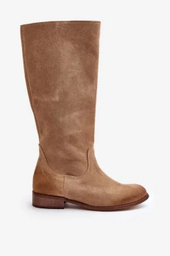 Discount Zazoo Zamszowe Kozaki Damskie Do Połowy Łydki Na Zamek Lewski 3616 Beżowe Beżowy