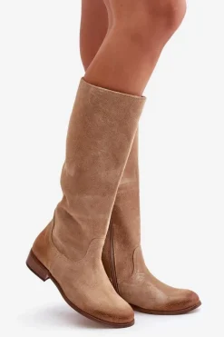 Discount Zazoo Zamszowe Kozaki Damskie Do Połowy Łydki Na Zamek Lewski 3616 Beżowe Beżowy