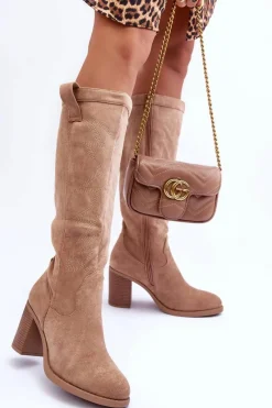 Discount Boto Zamszowe Kozaki Damskie Na Słupku Beżowe Khabira