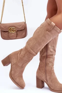Discount Boto Zamszowe Kozaki Damskie Na Słupku Beżowe Khabira