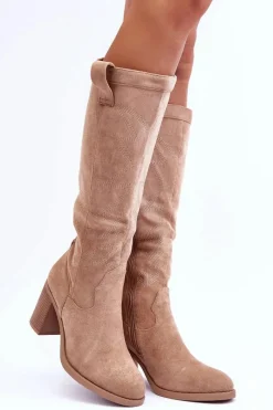 Discount Boto Zamszowe Kozaki Damskie Na Słupku Beżowe Khabira