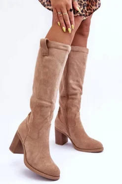 Discount Boto Zamszowe Kozaki Damskie Na Słupku Beżowe Khabira