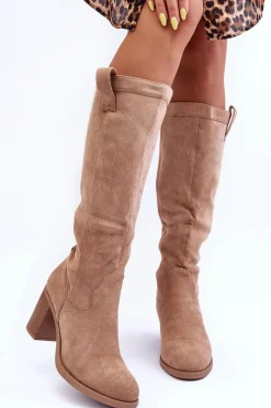 Discount Boto Zamszowe Kozaki Damskie Na Słupku Beżowe Khabira