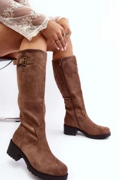 Kozaki Płaskie|Kozaki Przed Kolano>Boto Zamszowe Kozaki Damskie Na Płaskim Obcasie Beżowe Saranai