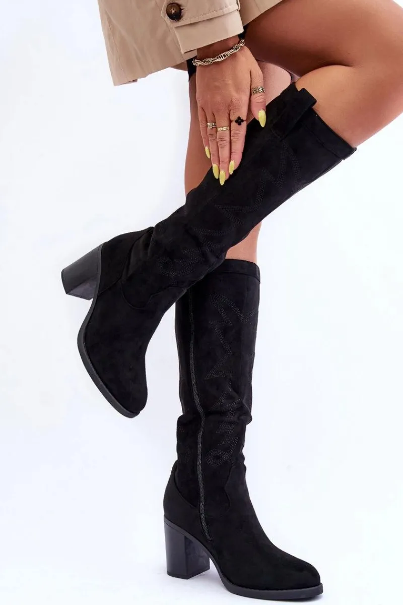 Discount Zamszowe Kozaki Damskie Na Słupku Czarne Khabira Damskie Kozaki Przed Kolano|Kozaki Na Obcasie