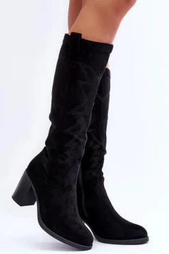 Discount Zamszowe Kozaki Damskie Na Słupku Czarne Khabira Damskie Kozaki Przed Kolano|Kozaki Na Obcasie