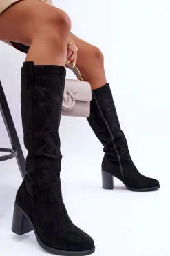 Discount Zamszowe Kozaki Damskie Na Słupku Czarne Khabira Damskie Kozaki Przed Kolano|Kozaki Na Obcasie