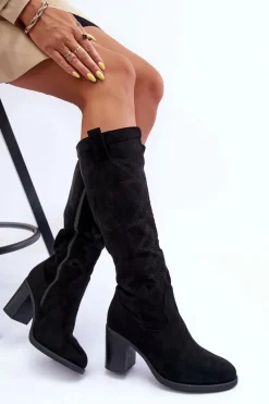 Discount Zamszowe Kozaki Damskie Na Słupku Czarne Khabira Damskie Kozaki Przed Kolano|Kozaki Na Obcasie