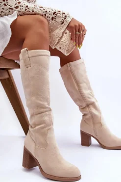 Kozaki Przed Kolano|Kozaki Na Obcasie></noscript>Boto Zamszowe Kozaki Damskie Na Słupku Jasnobeżowe Khabira