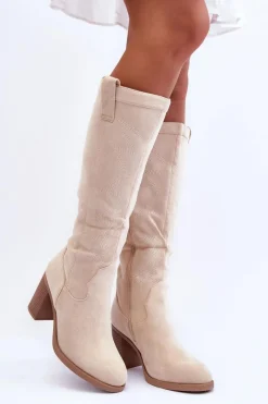 Kozaki Przed Kolano|Kozaki Na Obcasie></noscript>Boto Zamszowe Kozaki Damskie Na Słupku Jasnobeżowe Khabira