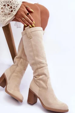 Kozaki Przed Kolano|Kozaki Na Obcasie></noscript>Boto Zamszowe Kozaki Damskie Na Słupku Jasnobeżowe Khabira