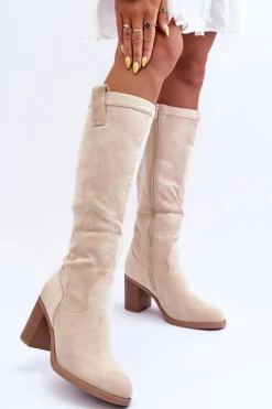Kozaki Przed Kolano|Kozaki Na Obcasie></noscript>Boto Zamszowe Kozaki Damskie Na Słupku Jasnobeżowe Khabira