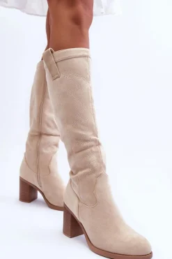 Kozaki Przed Kolano|Kozaki Na Obcasie></noscript>Boto Zamszowe Kozaki Damskie Na Słupku Jasnobeżowe Khabira