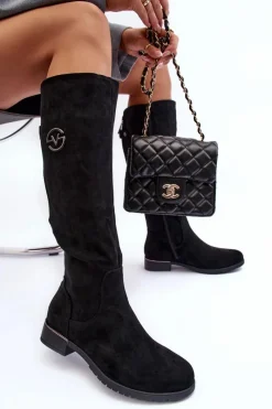 Best Zamszowe Kozaki Damskie Na Płaskim Obcasie Czarne Albuna Damskie Kozaki Płaskie|Kozaki Przed Kolano