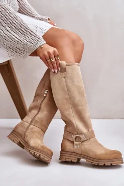 Zazoo Zamszowe Kozaki Damskie Przed Kolano Lewski 3615 Beżowe