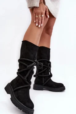 Discount Boto Zamszowe Kozaki Damskie Z Wiązaniem Czarne Tanive