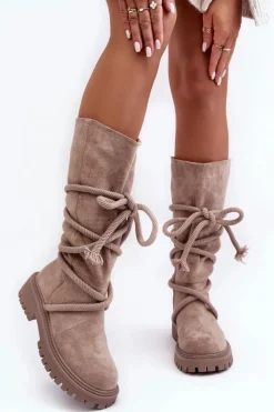 Zamszowe Kozaki Damskie Z Wiązaniem Beżowe Tanive Damskie Kozaki Płaskie|Kozaki Przed Kolano